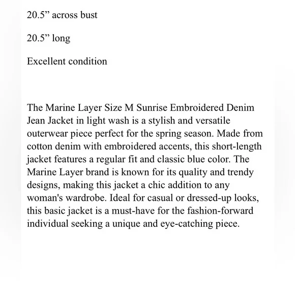 Marine Layer Embroidered Jean Jacket EXC SIZE M - Picture 6 of 9
